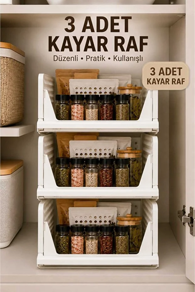 3 adet kayar raf mutfakta